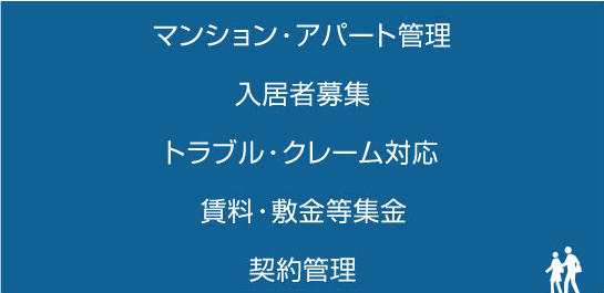 マンション・アパート管理、入居者募集、トラブル・クレーム対応、賃料・敷金等集計。契約管理